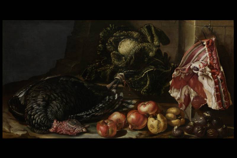 Bartolomeo Arbotori (Piacenza, 1594 – 1676), Natura morta con frutta ortaggi e tacchino 