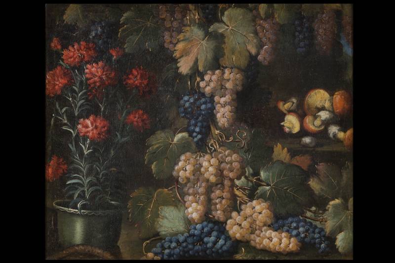 Antonio Gianlisi (Rizzolo, Piacenza, 1677 – Cremona, 1727), Coppia di nature morte, Natura morta di garofani, uva e funghi  - Natura morta di pesche, uva e fiori