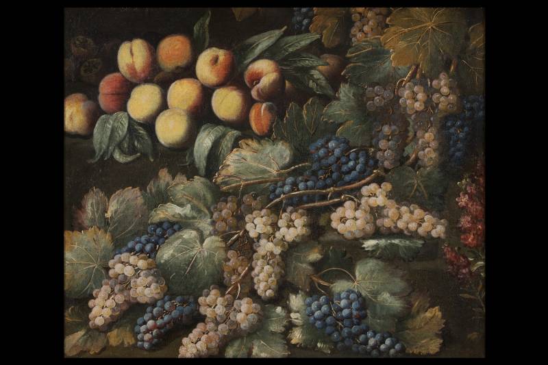 Antonio Gianlisi (Rizzolo, Piacenza, 1677 – Cremona, 1727), Coppia di nature morte, Natura morta di garofani, uva e funghi  - Natura morta di pesche, uva e fiori